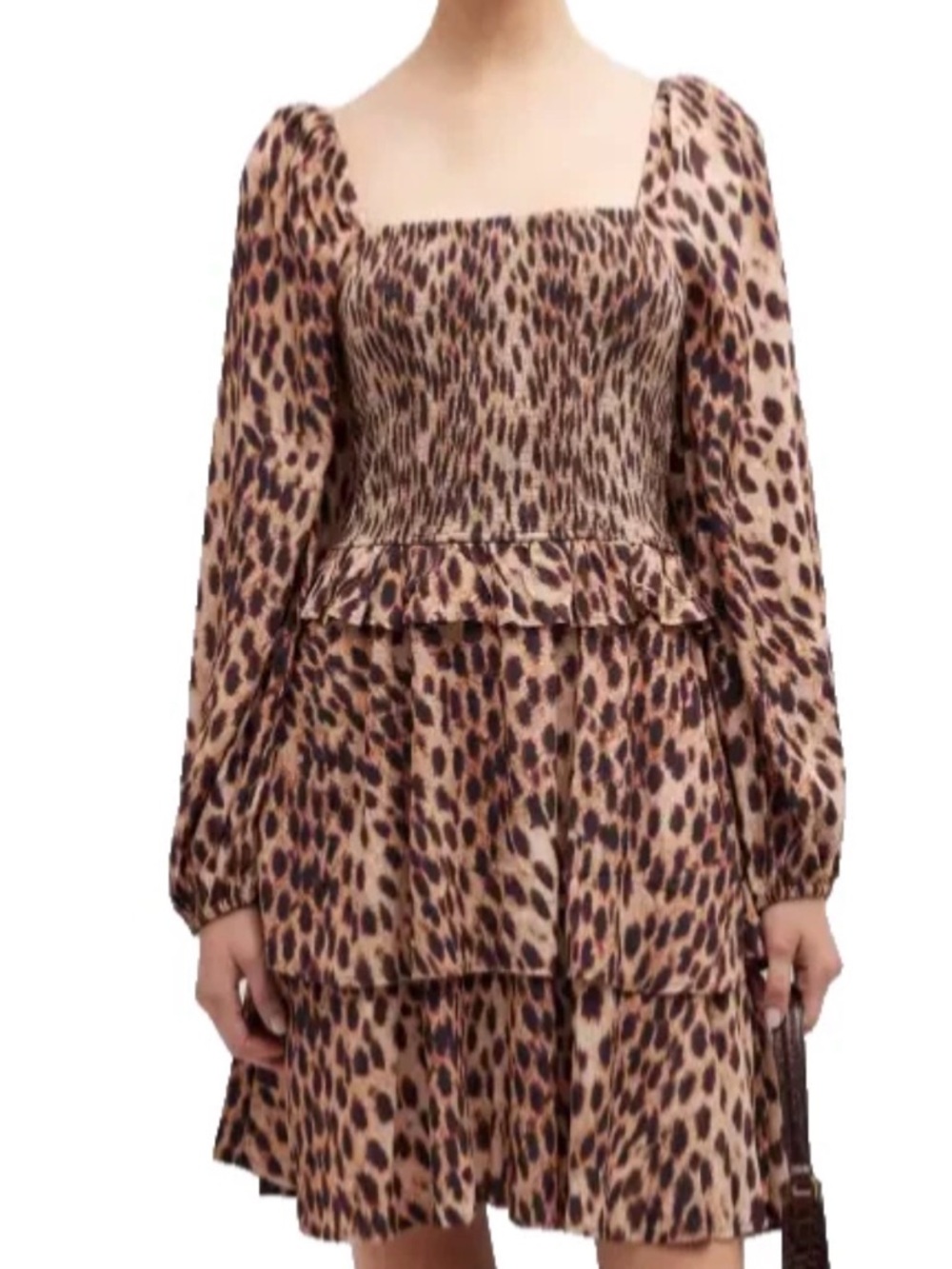 Figue Marcella Leopard Print Puff Sleeve Tiered Dress Sz L NWT
